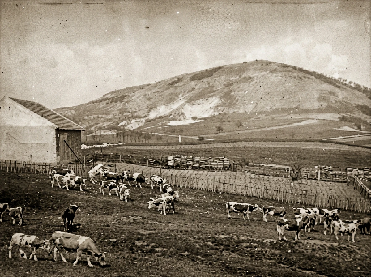 Grazing cattle near Klentnice, at the foot of the Pavlov Hills, historical photo